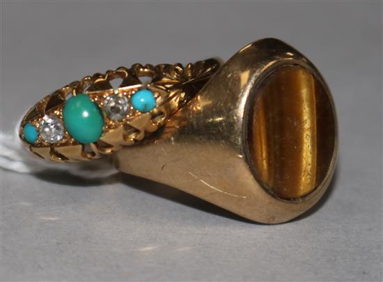 An early 20th century 18ct gold, diamond and turquoise ring and a 9ct gold and tigers eye quartz signet ring.